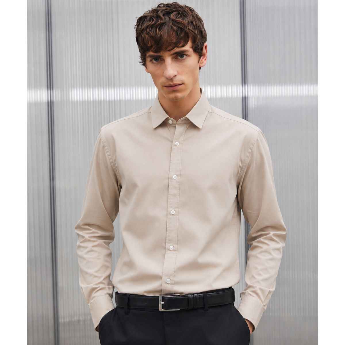 Beige  Color Casual Mens Plain Shirt (A-4418)