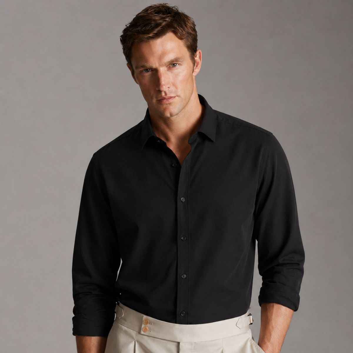 Plain Black Linen Fabric Casual Shirt (A-1268)