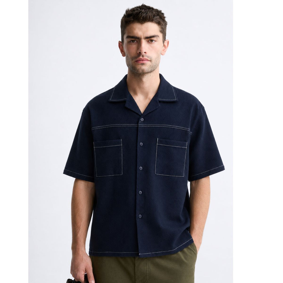 Navy Blue Cuban Collar Jacquard Shirt (A-3457)
