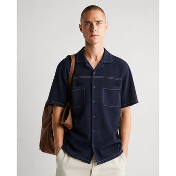 Navy Blue Cuban Collar Jacquard Shirt (A-3457)