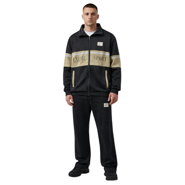 Black Double Contrast Fleece Activewear Track Suit (A-4017)