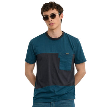 Aqua Blue & Black Contrast Combination Round Neck T-Shirt (A-3596)
