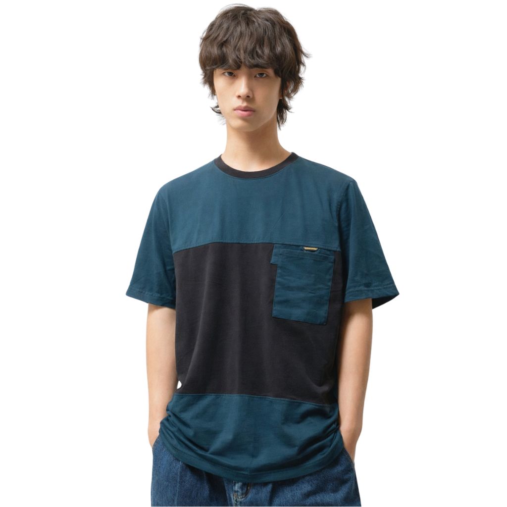 Aqua Blue & Black Contrast Combination Round Neck T-Shirt (A-3596)