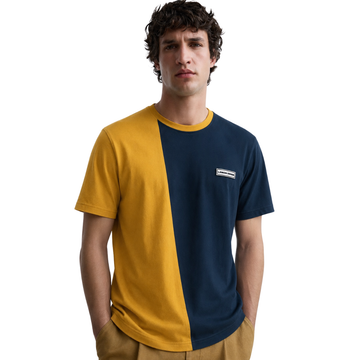 Round Neck Contrast Combination Mustard & Dark Teal T-shirt (A-3593)