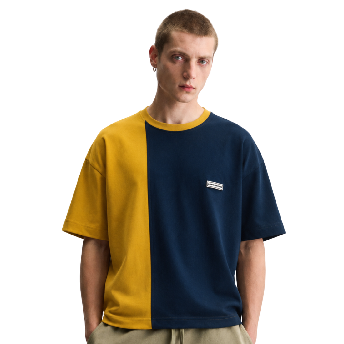 Round Neck Contrast Combination Mustard & Dark Teal T-shirt (A-3593)