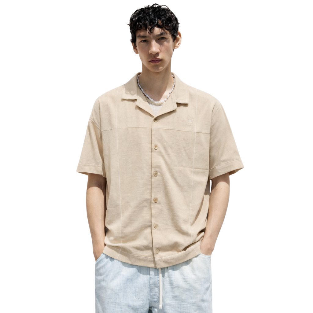 Camel Color Self Texture Cuban Collar Shirt (A-3404)