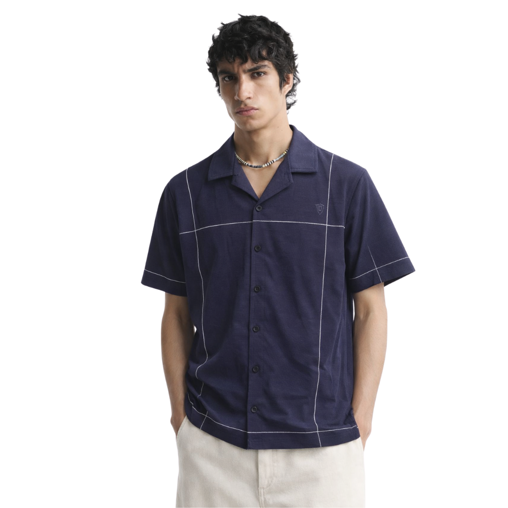 Navy Blue Self Texture Cuban Collar Shirt (A-3403)