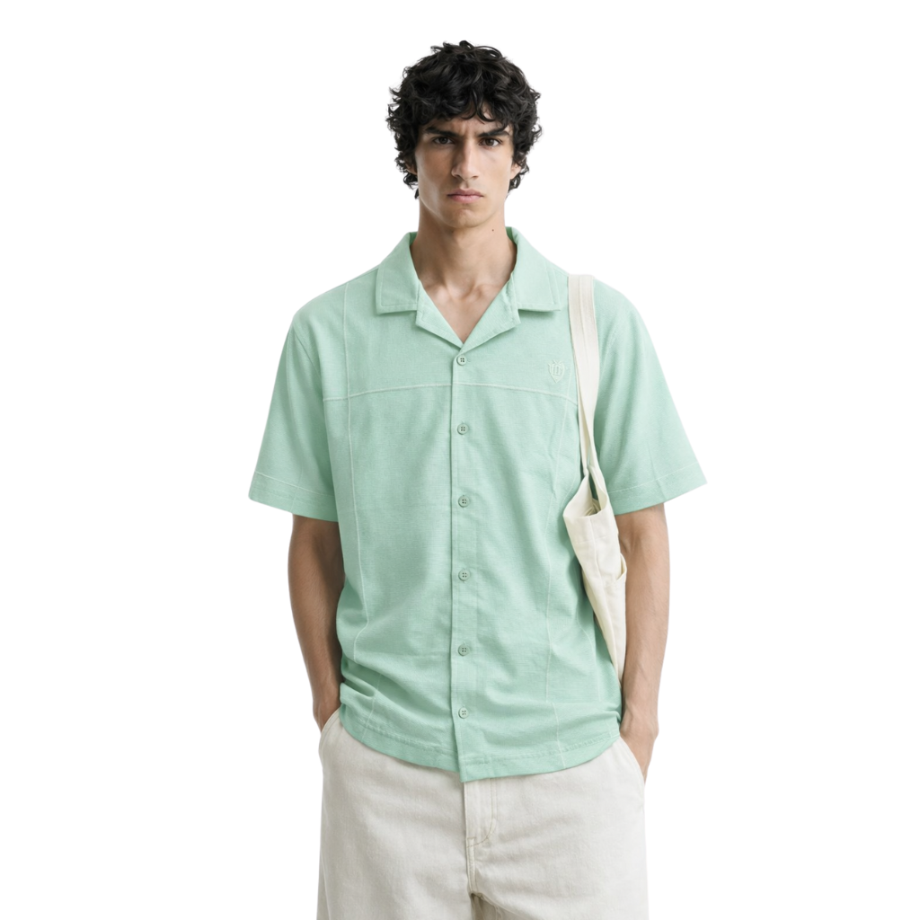 Sea Green Mens Self Texture Cuban Collar Shirt (A-3403)