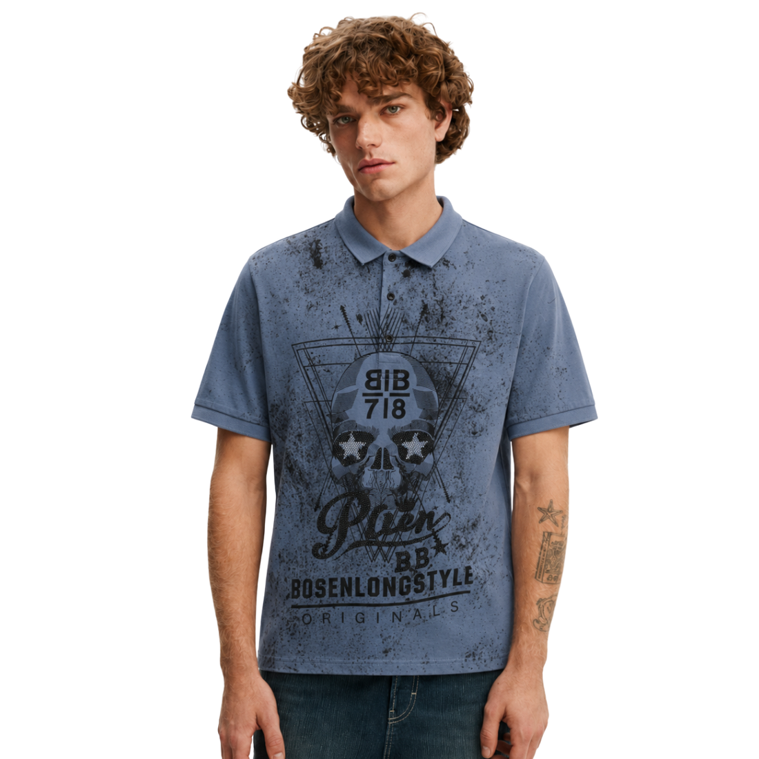 Light Sky Blue Skull Embroidered T-shirt (A-4630)
