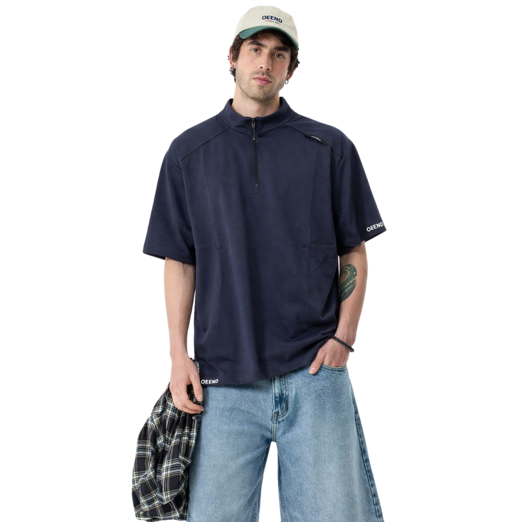Mens Bend Collar Down shoulder Navy Blue T-Shirt (A-4116)