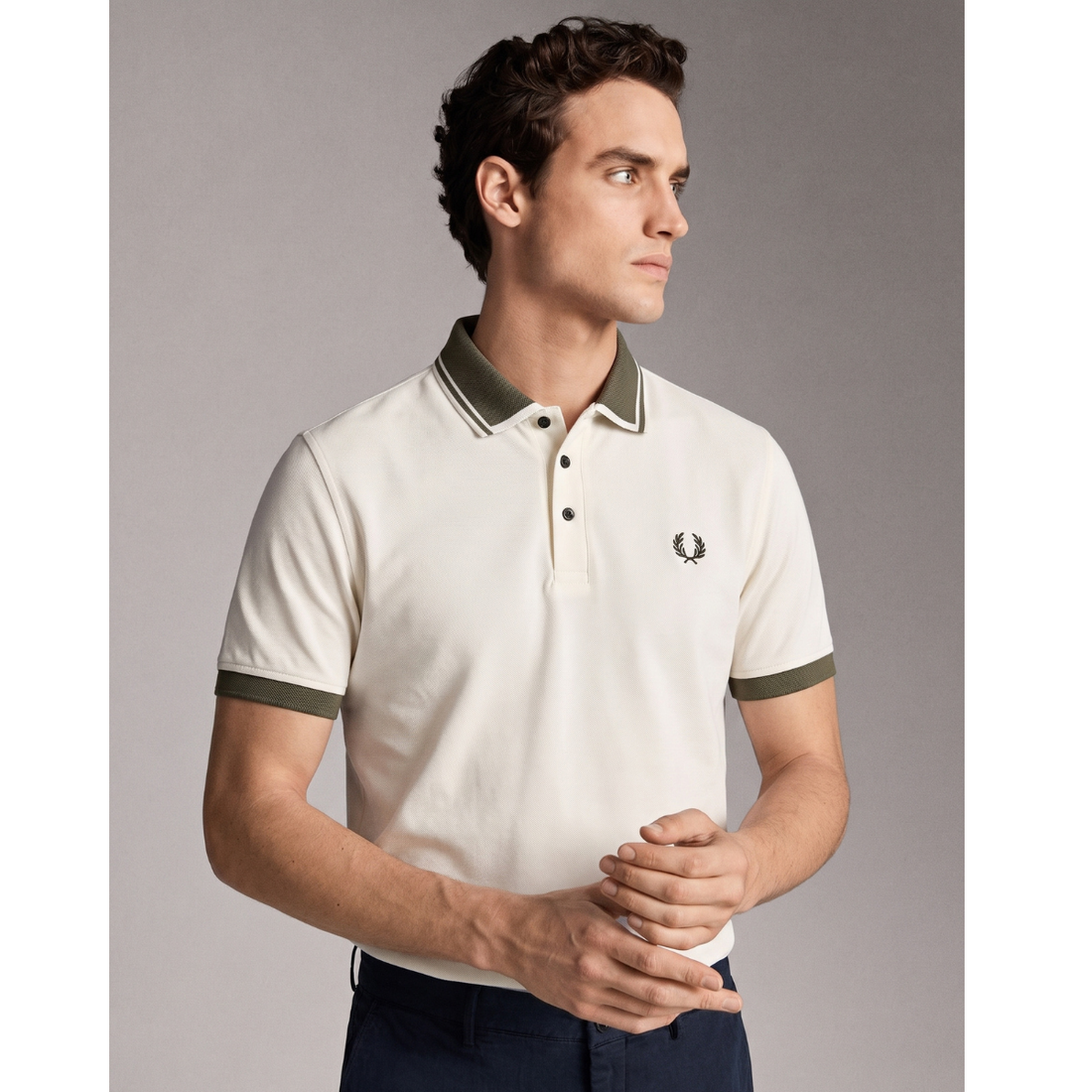 Off White Polo with Olive Green Texture Collar Polo (A-5015)