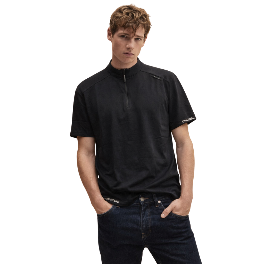 Black Down shoulder Bend Collar T-shirt (A-4116)