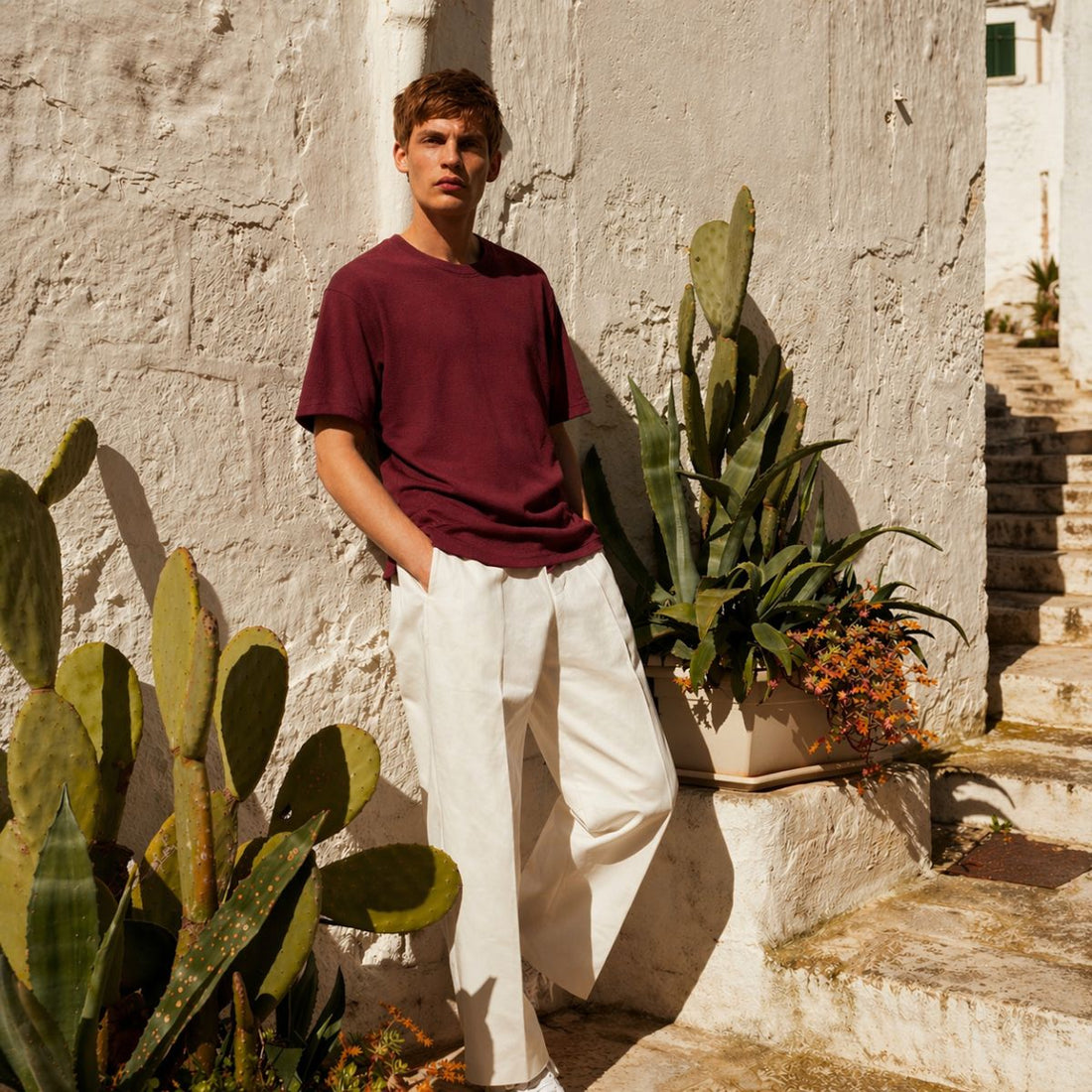 Maroon Self Texture Round Neck T-shirt (A-4410)
