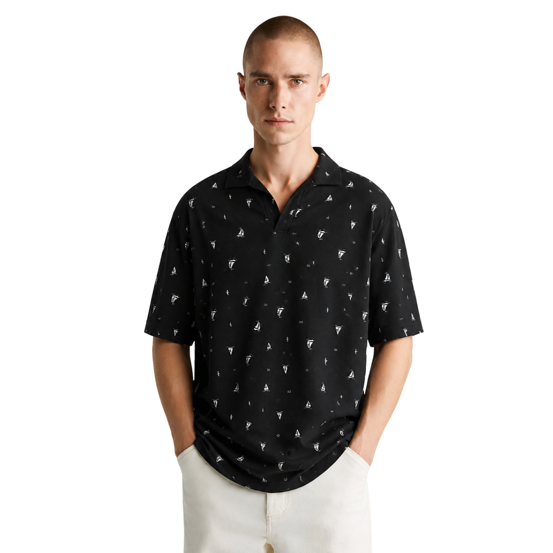 Black V-Neck Self Texture Printed Polo (A-3811)