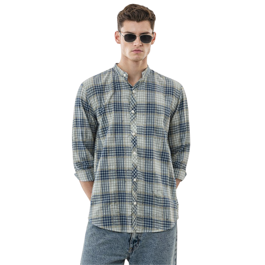 Bend Collar Mens Casual Check Shirt (A-3843)
