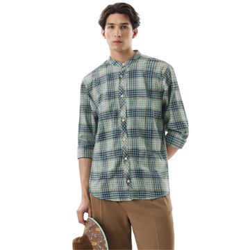 Bend Collar Mens Casual Check Shirt (A-3843)
