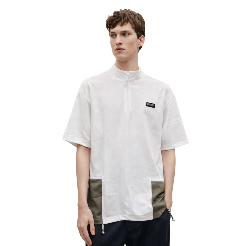 White Contrast Color Down Shoulder Bend Collar T-shirt (A-4114)
