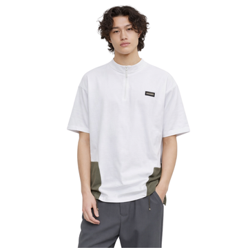 White Contrast Color Down Shoulder Bend Collar T-shirt (A-4114)