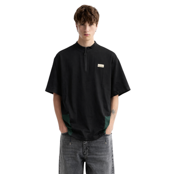 Black Down shoulder Bend Collar T-shirt (A-4114)