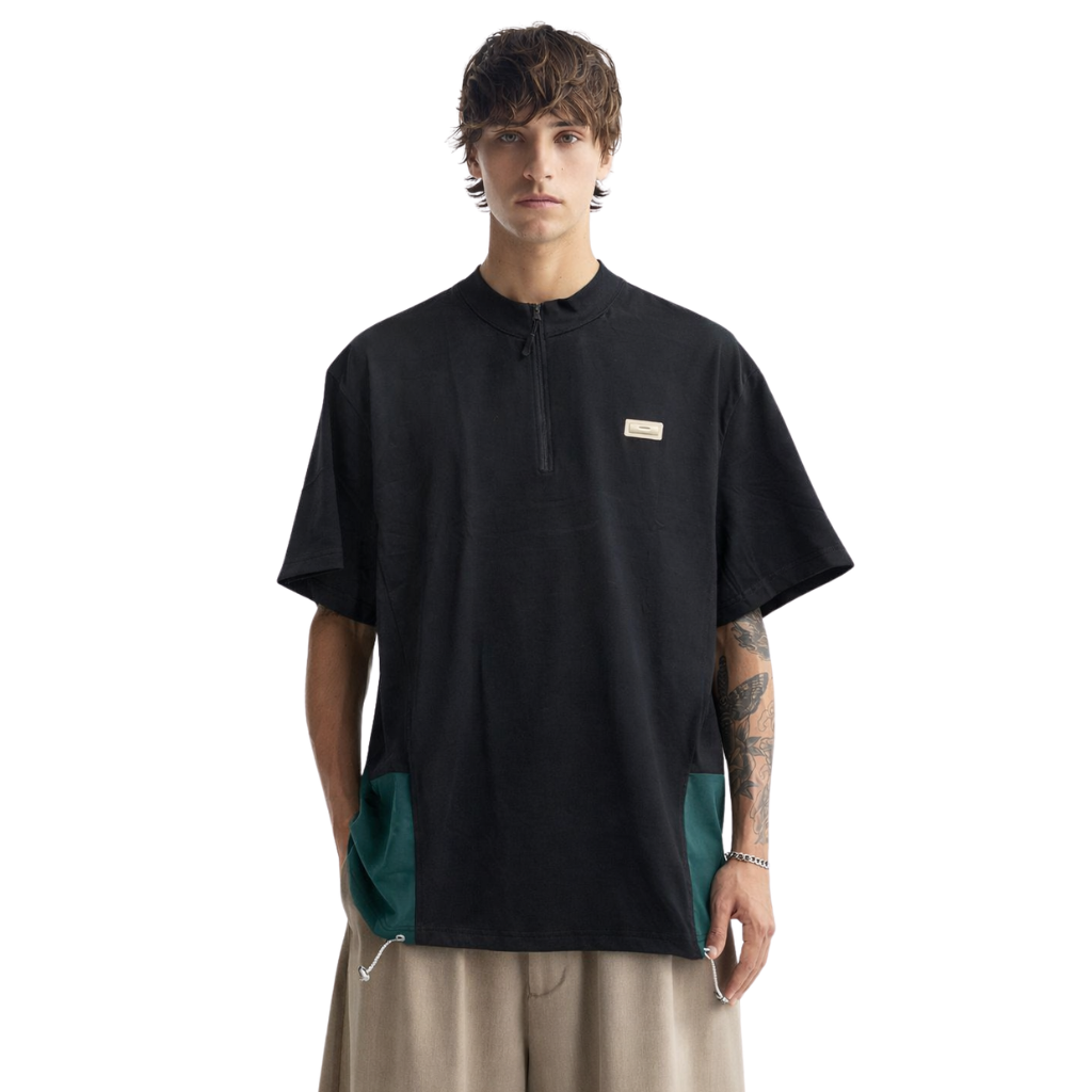 Black Down shoulder Bend Collar T-shirt (A-4114)