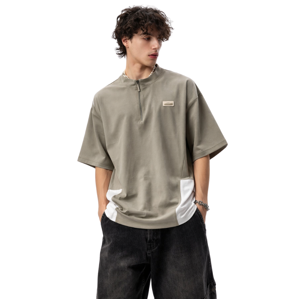 Bottle Green Down shoulder Half Zip Bend Collar T-shirt (A-4114)