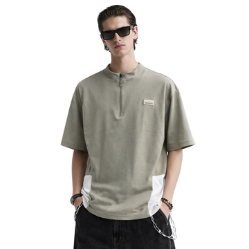 Bottle Green Down shoulder Half Zip Bend Collar T-shirt (A-4114)