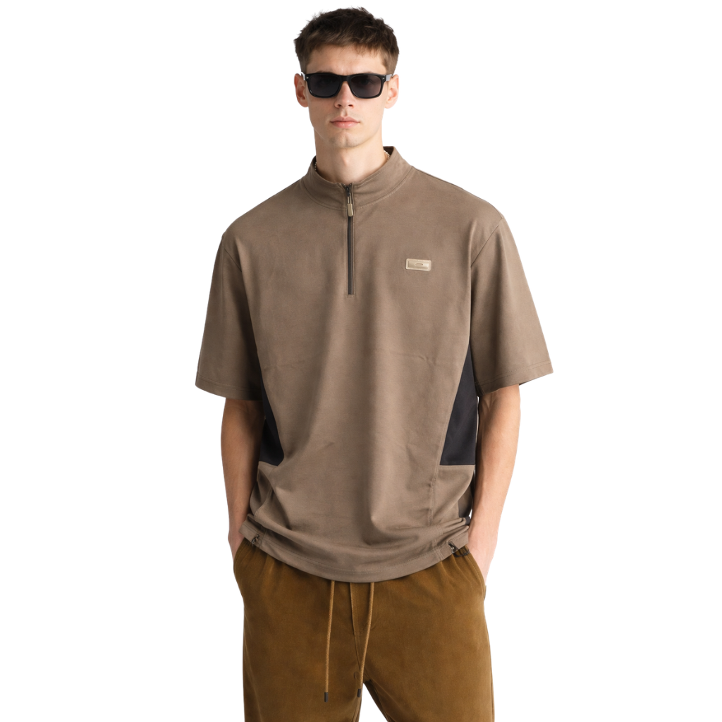 Light Brown Bend Collar Down shoulder T-Shirt (A-4114)