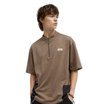 Light Brown Bend Collar Down shoulder T-Shirt (A-4114)