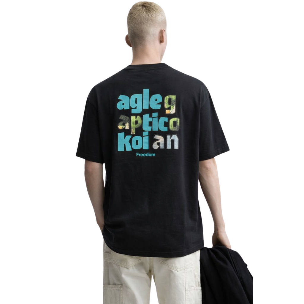 Black Back & Front Printed Down Shoulder T-Shirt (A-4159)