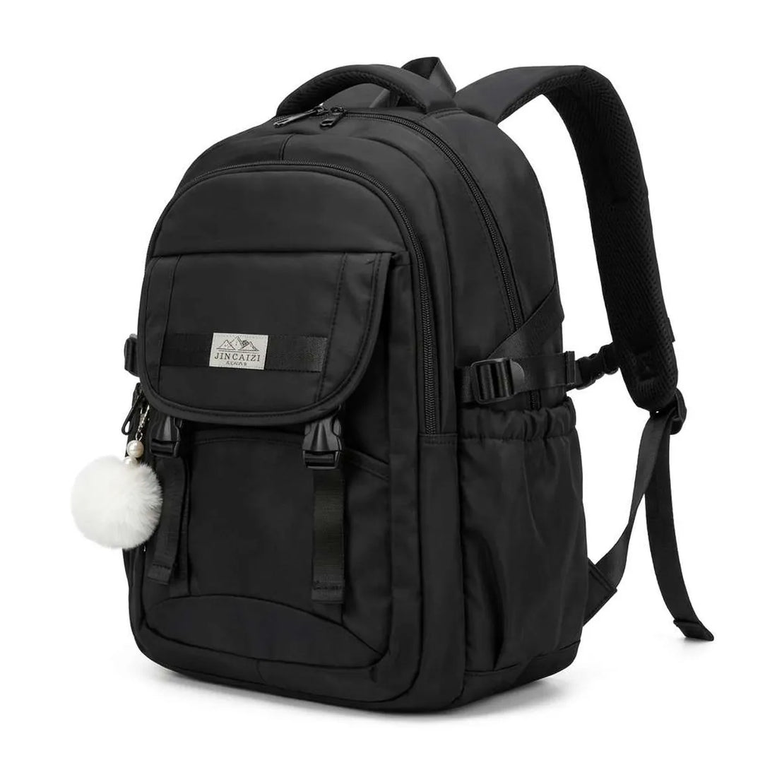 Black Backpack with White Pom-Pom Charm (A-5480)