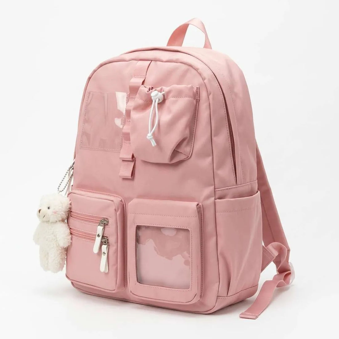 Multi-Pocket Backpack with Teddy Bear Charm (A-5483)