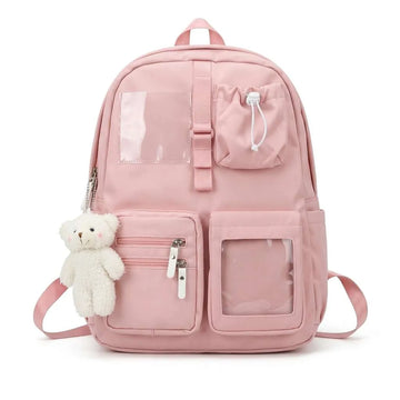 Multi-Pocket Backpack with Teddy Bear Charm (A-5483)
