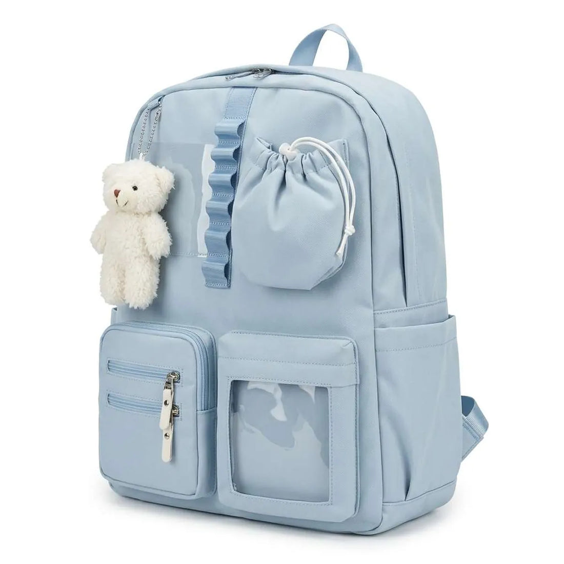 Multi-Pocket Backpack with Teddy Bear Charm (A-5483)