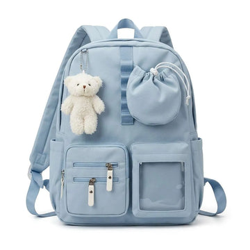 Multi-Pocket Backpack with Teddy Bear Charm (A-5483)