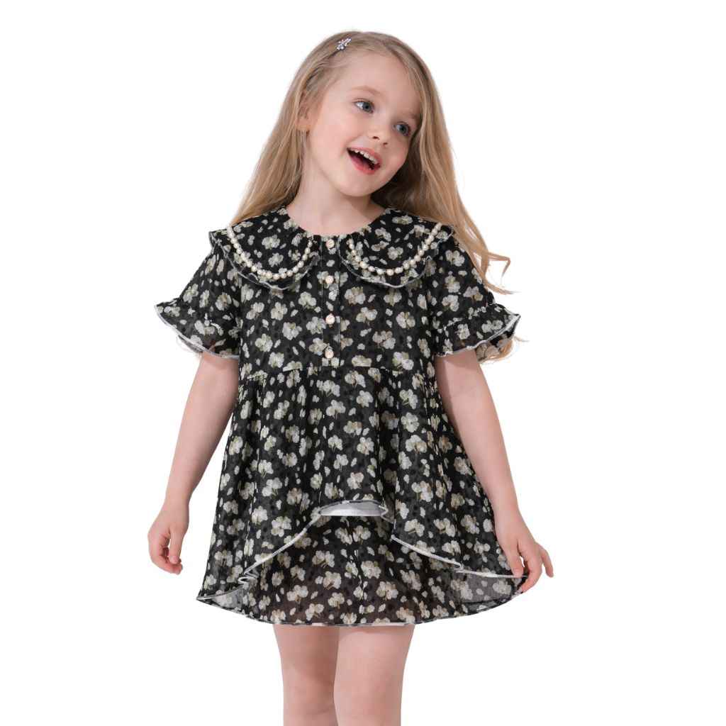 Black Color Floral Girls Printed Frock (A-3181)