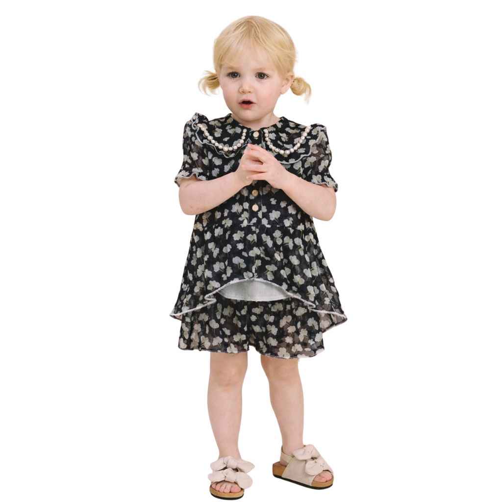 Black Color Floral Girls Printed Frock (A-3181)
