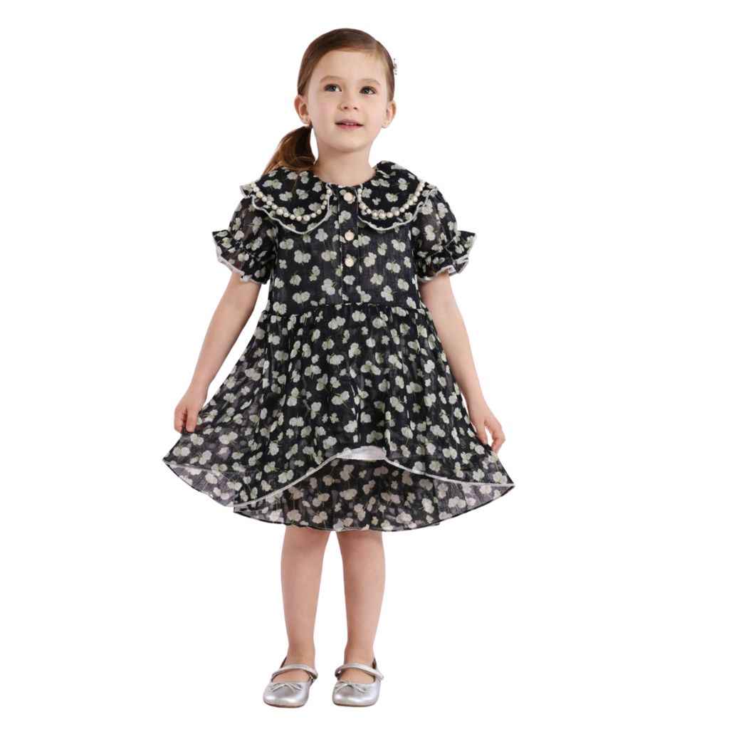 Black Color Floral Girls Printed Frock (A-3181)