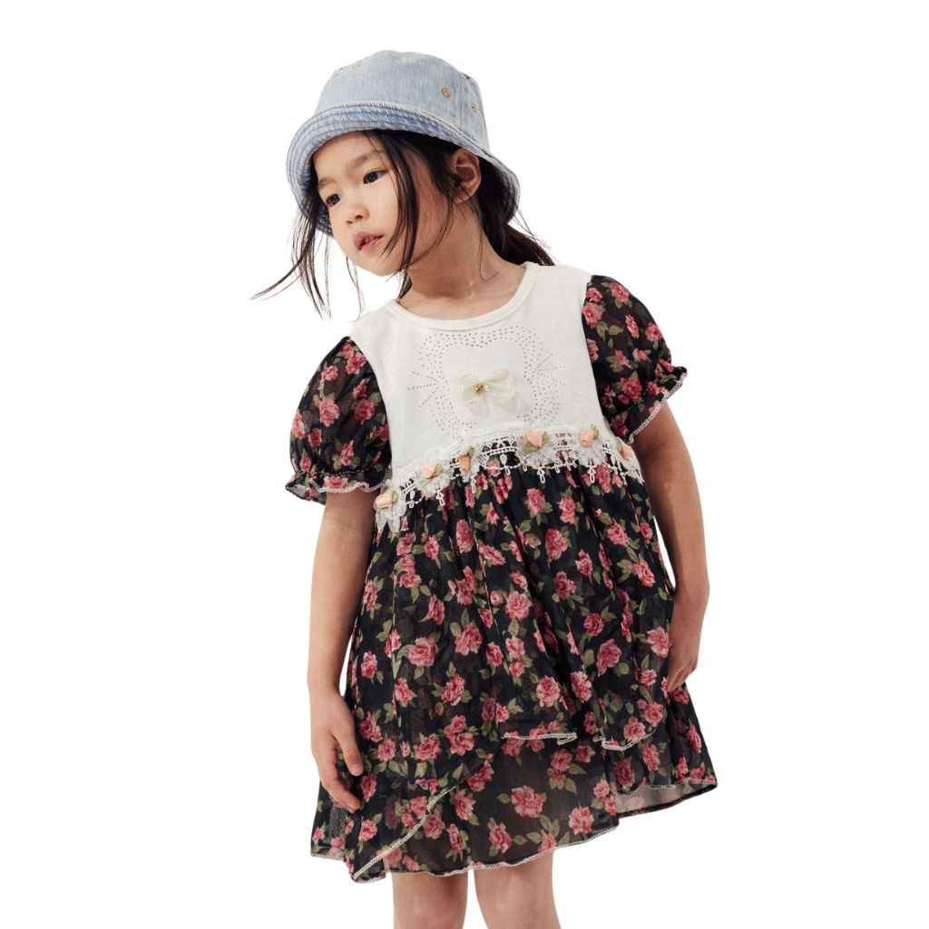 Girls Black Floral Printed Frock (A-3187)