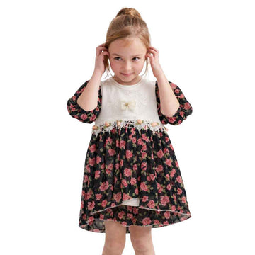 Girls Black Floral Printed Frock (A-3187)