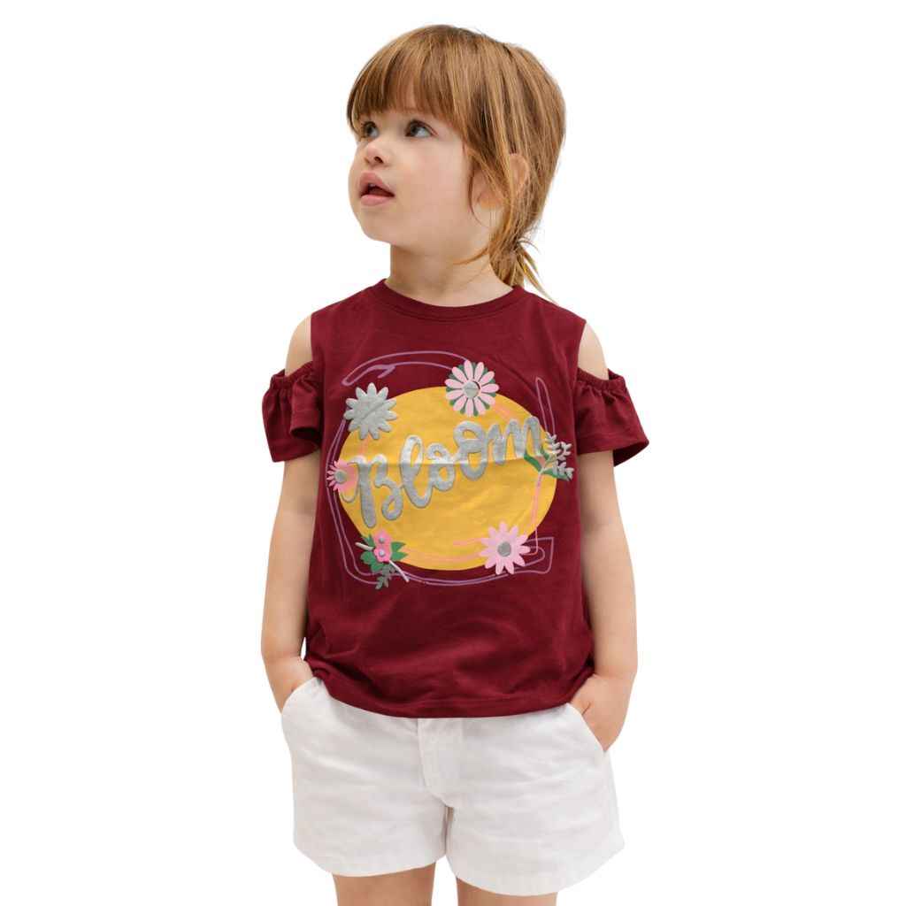 Maroon Bloom Printed Girls Printed Tee (A-1610)