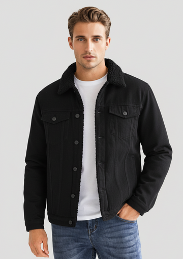 Black Denim Jacket with Black Fur (A-2674)