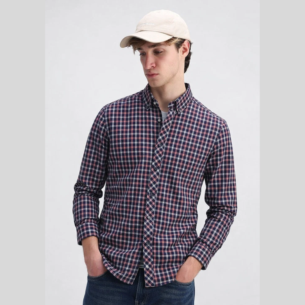 Micro Checkered Mens Down Collar Casual Shirt (A-3841)