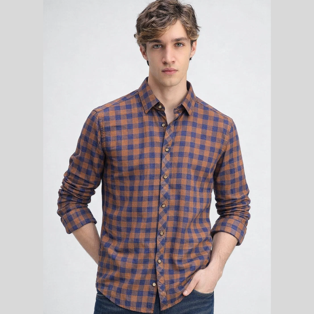 Light Orange Cotton Fabric Checkered Shirt (A-3840)