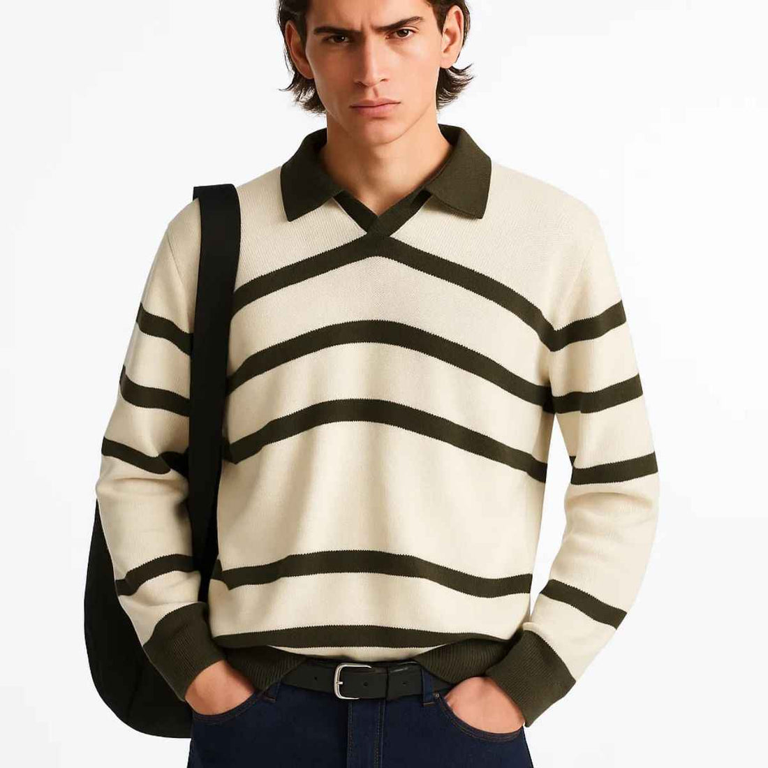 Olive Green Striped V-Neck Sweater (A-3757)