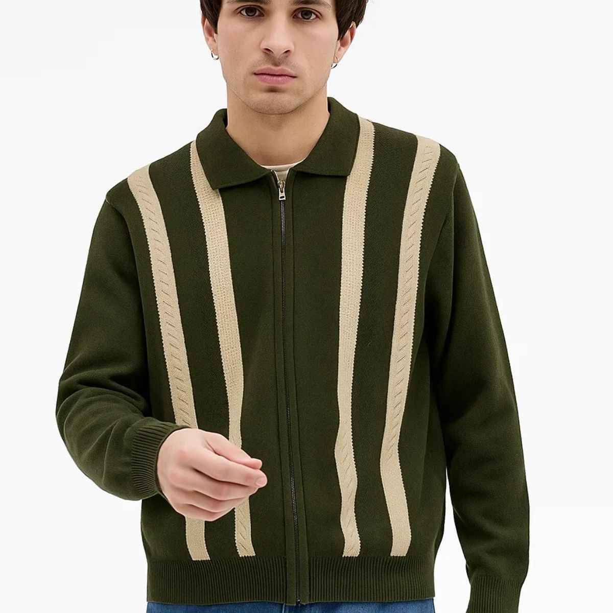 Self Pattern Contrast Stripes Zipper (A-3764)