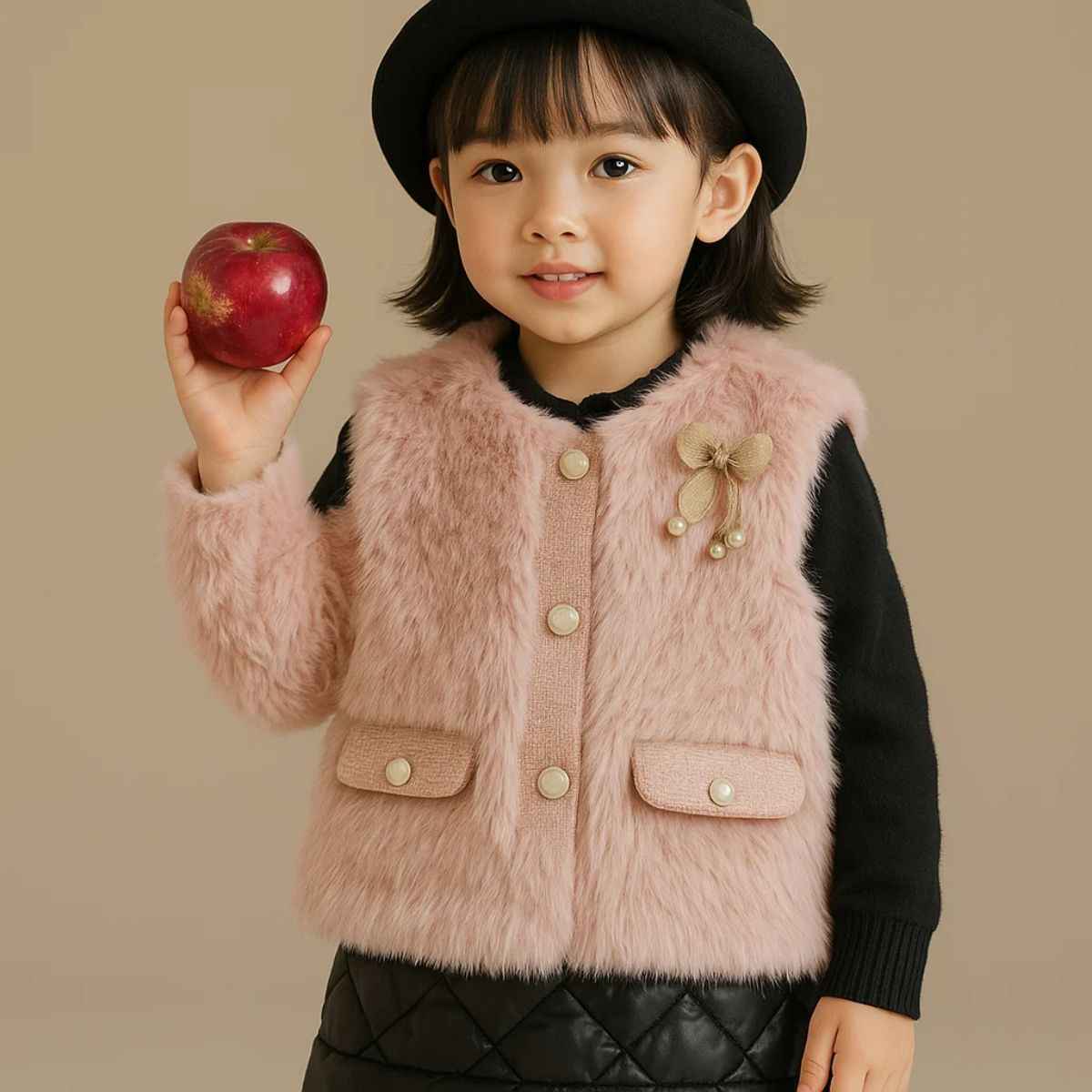 Beige & Pink Teddy Vest Half Jacket (A-3866)