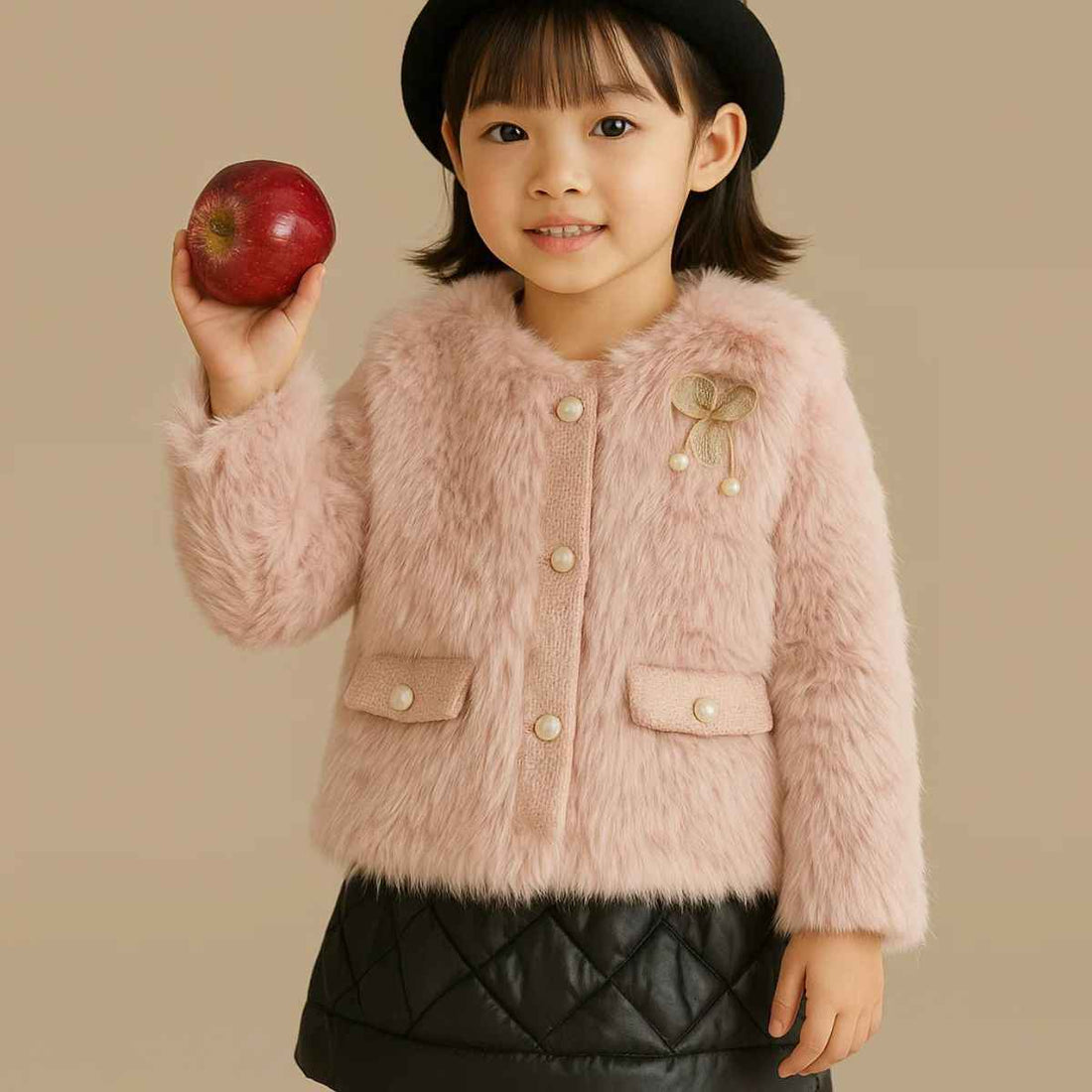 Beige & Pink Teddy Vest Half Jacket (A-3866)