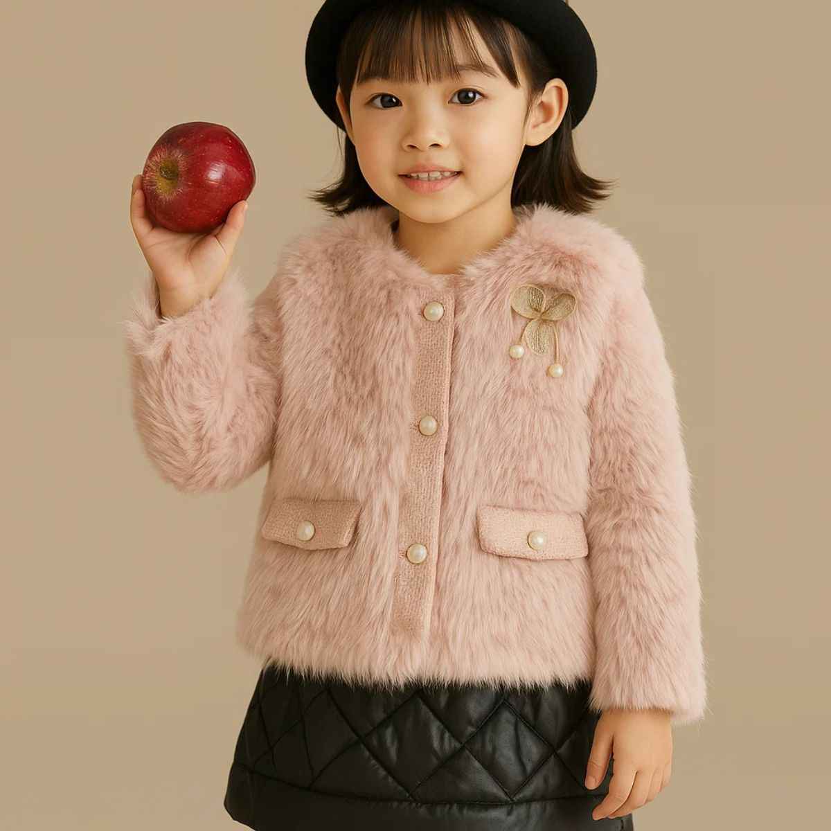 Beige & Pink Teddy Vest Half Jacket (A-3866)