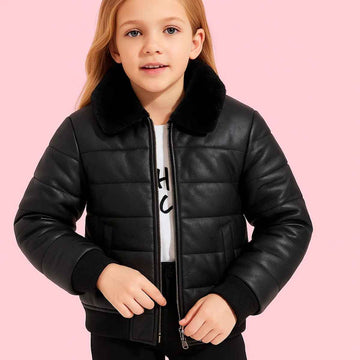 Girl Black Synthetic Leather Fur Jacket (A-2762)