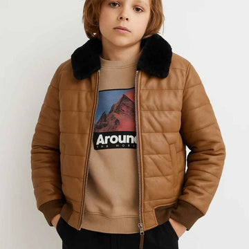 Boys Camel Color Synthetic Leather  Jacket (A-2759)